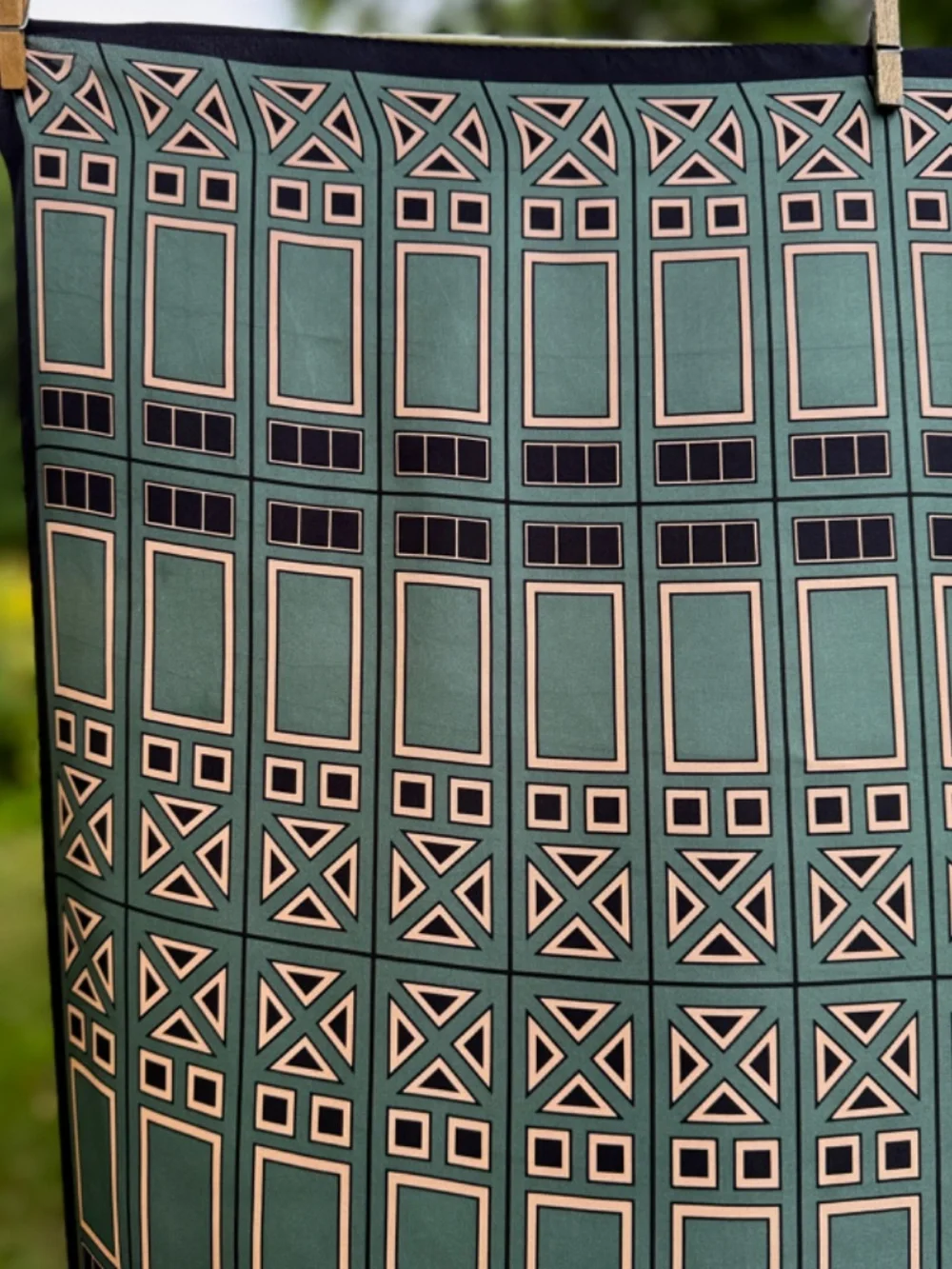 Vintage Silk Scarf 32 in Square Geometric Sage Green Beige Black Korea Excellent